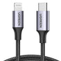 Cablu UGREEN de date US304 (60759), USB-C to Lightning, Incarcare rapida, 3A, 480Mbps, Nylon Braided, 1m, gri