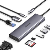 Hub USB UGREEN Docking station CM498 (15600), Type-C to 3x USB3.0, HDMI 4K@30Hz, VGA, RJ45, SD/TF Card, Type-C PD100W, gri