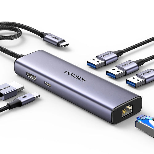 Hub USB UGREEN CM512 (15598), Type-C to 3x USB3.0, 1x HDMI 4K@30Hz, 1x RJ45 1Gbps, 1x Type-C PD100W, gri