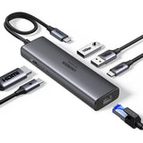 Hub USB UGREEN CM512 (45000), Type-C to 2x USB3.2, 1x RJ45 1000Mbps, 1x Hmdi, 2x Type-C, PD100W, 10Gbps, gri