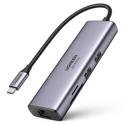 Hub USB UGREEN Docking station CM512 (60515), Type-C to 2x USB, HDMI 4K, Type-C 100W, Ethernet 1Gbps, Card Reader SD, 0.2m, negru
