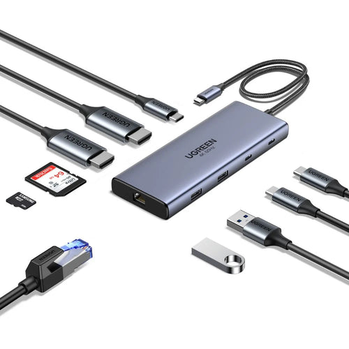 Hub USB UGREEN Docking station CM639 (45380), Type-C to 3x Type-C, 2x USB-A, 2x HDMI, 1x RJ45 1000Mbps, TF/SD Card, PD100W, gri