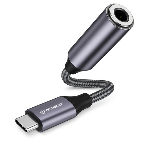 Adaptor Techsuit Premium Adaptor Cablu Musicdox (AC8), Type-C to Jack, Hi-Fi Sound, DAC Chip, 3A, 0.1m, Gri