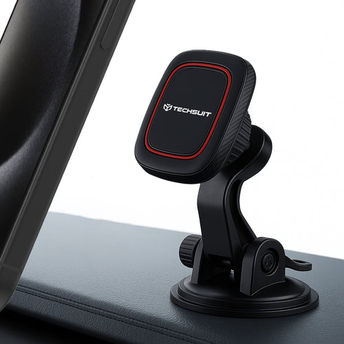 Suport auto Techsuit MagGrip (S6), pentru Bord, Prindere magnetica, 360° Rotation, Suction Cup, 2 Placa metalicas, negru