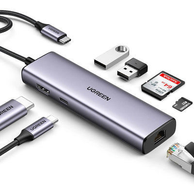 Hub USB UGREEN Docking station CM512 (90568), Type-C to Type-C, 2x USB, HDMI 4K@30Hz, RJ45, SD/TF Card, 5Gbps, PD100W, gri