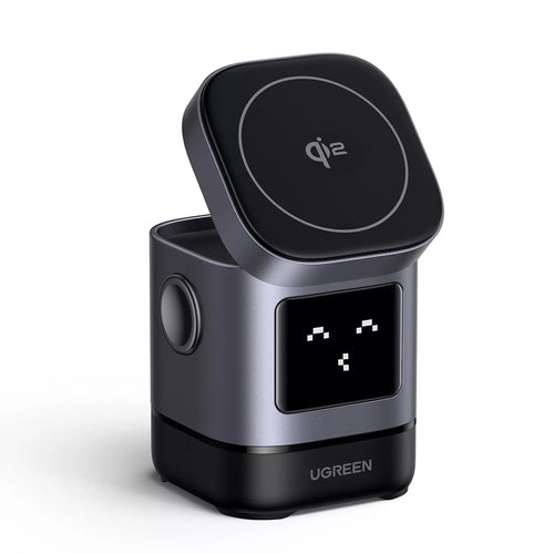 Incarcator wireless UGREEN W709 (45775), 2in1, cu Smart Display, Funny Emoji, pentru iPhone, AirPods, USB-C, 25W, negru