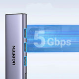 Hub USB UGREEN Docking station CM511 (15597), Incarcare rapida, Type-C to 3x USB, Type-C PD100W, HDMI 4K@60Hz, 5Gbps, Plug&Play, gri