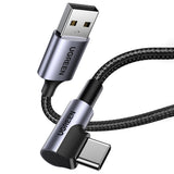 Cablu UGREEN de date Right Angle US284 (70255), USB to Type-C, Incarcare rapida, 18W, 3A, 480Mbps, QC3.0, 3m, gri