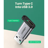 Adaptor UGREEN OTG Adapter US276 (50533), USB to Type-C, Audio Support, 3A, QC3.0, FCP, AFC, 5Gbps, cu Lanyard, Gri