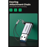Adaptor UGREEN OTG Adapter US276 (50533), USB to Type-C, Audio Support, 3A, QC3.0, FCP, AFC, 5Gbps, cu Lanyard, Gri