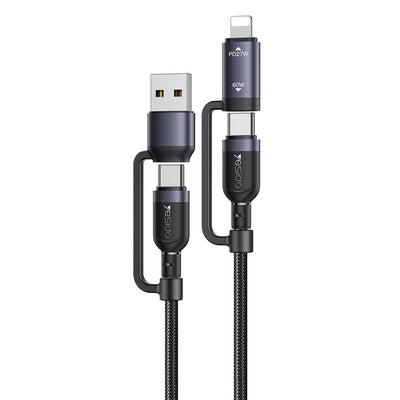 Cablu Yesido de date 4 in 1 (CA200), USB, Type-C to Type-C, Lightning 60W, 480Mbps, 1.2m, Aliaj aluminiu, negru