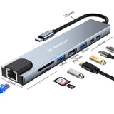 Hub USB Techsuit Docking station NetBridge 8 in 1 (H2), Type-C to 2x Type-C, 2x USB, HDMI, RJ45, TF/SD, 4K@30Hz, PD87W, gri