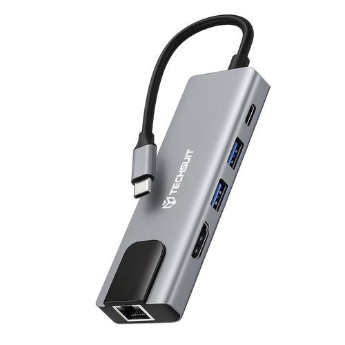 Hub USB Techsuit Docking station NetBridge 5 in 1 (H1), Type-C to 1x USB2.0, 1x USB3.0, 1x Type-C, 1x HDMI, 1x RJ45, PD87W, 4K@30Hz, gri