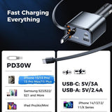Incarcator auto Techsuit Premium NanoVoltX (C1), cu Retractabil USB-C, Lightning Cables, USB 2.4A, PD30W, 69W, 180°, gri