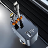 Incarcator auto Techsuit Premium NanoVoltX (C1), cu Retractabil USB-C, Lightning Cables, USB 2.4A, PD30W, 69W, 180°, gri
