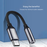 Adaptor Techsuit Premium Adaptor Cablu Musicdox (AC8), Type-C to Jack, Hi-Fi Sound, DAC Chip, 3A, 0.1m, Gri