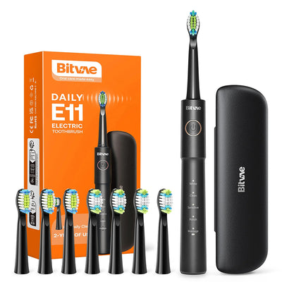 Periuta de dinti electrica Bitvae dinti electrica (E11), Ultrasonic, 8 Heads, Travel Case, Alb/Clean/Sensitive/Polish/Massage Modes, negru
