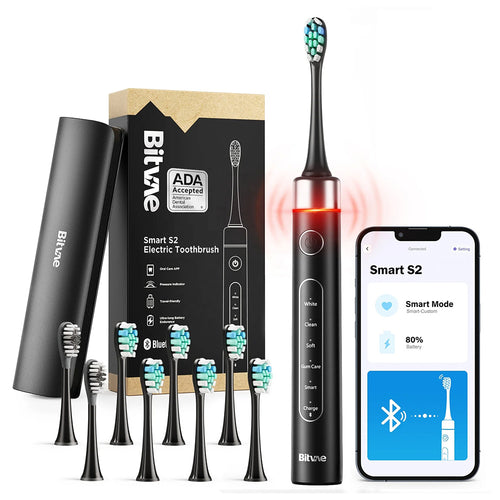 Periuta de dinti electrica Bitvae dinti electrica (S2 Smart), Ultrasonic, Soft, 8 Heads, Case, Rosu Light Pressure Sensor, 5Modes, 1400mAh, negru