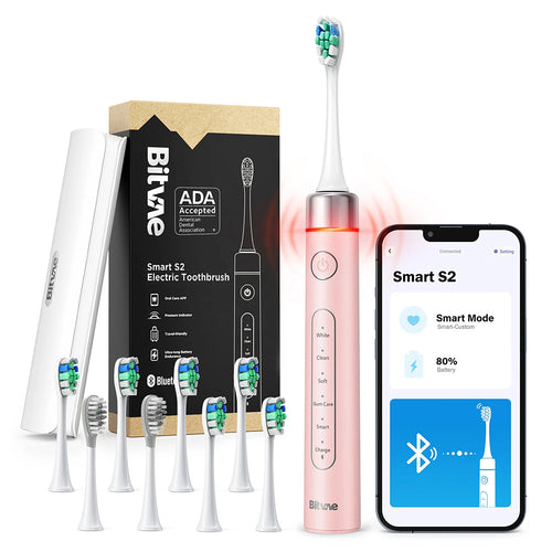 Periuta de dinti electrica Bitvae dinti electrica (S2 Smart), Ultrasonic, Soft, 8 Heads, Case, Rosu Light Pressure Sensor, 5 Modes, 1400mAh, roz