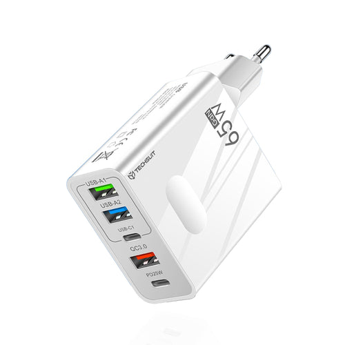 Incarcator retea Techsuit Premium PentaXPower (CHC1), 3x USB, 2x Type-C PD 25W, 65W, GaN, Incarcare rapida, alb