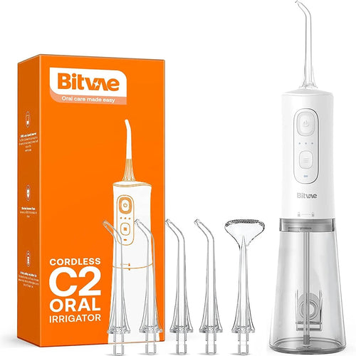Bitvae Water Flosser (BVC2), cu 5x Standard Nozzels, 1x Tongue Scraper, Soft, NormalPotent Modes, Alb