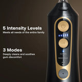 Bitvae Water Flosser (C6), Larger 300ml Size, cu 6 Jet Tips, 3 Modes, 5 Intensities, reincarcabil, Black / Auriu