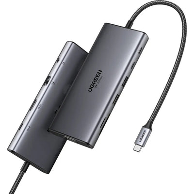 Hub USB UGREEN Docking station CM639 (45520), Type-C to 3x Type-C, 2x USB-A, HDMI, VGA, RJ45, SD/TF Card, Jack 3.5mm, gri