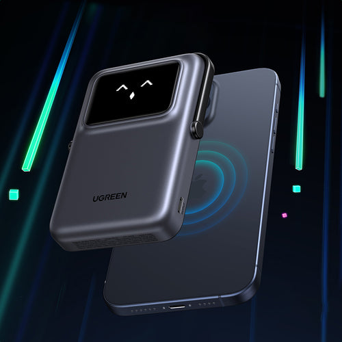 Baterie externa UGREEN Wireless Uno PB572 (45327), MagSafe, Incarcare rapida, TFT Display, Stand, 10000mAh, USB-C, 20W, 5V/3A, gri