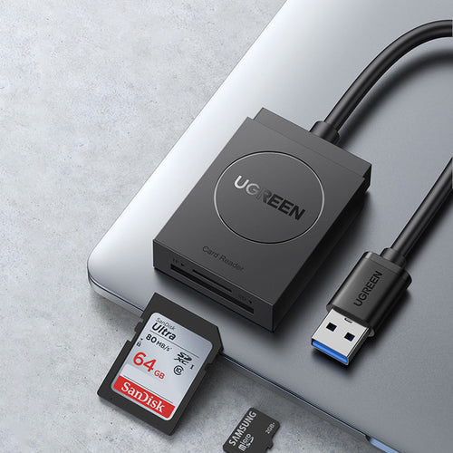 Cititor de carduri UGREEN Card Reader CR127 (20250), pentru Windows, MacOS, Linux, USB 3.0, TF/SD Card Slot, Plug & Play, 5Gbps, 15cm, negru