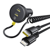 Incarcator auto Baseus (C00035902121-00), 2x USB-C, Incarcare rapida cu USB-C, Lightning Spring Cable, 60W, 3A, 1.4m, negru