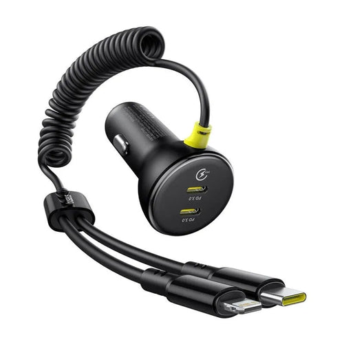 Incarcator auto Baseus (C00035902121-00), 2x USB-C, Incarcare rapida cu USB-C, Lightning Spring Cable, 60W, 3A, 1.4m, negru