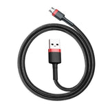 Cablu Baseus de date Cafule (Camklf-B91), USB to Micro-USB, 2.4A, Incarcare rapida, Nylon Braid, Velcro, 1m, negru;rosu