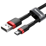 Cablu Baseus de date Cafule (Camklf-B91), USB to Micro-USB, 2.4A, Incarcare rapida, Nylon Braid, Velcro, 1m, negru;rosu