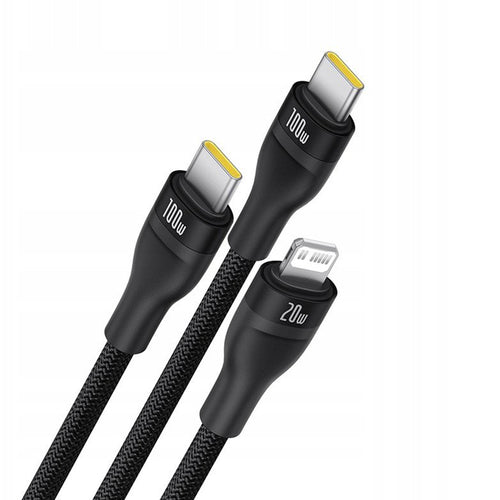 Cablu Baseus de date Flash Series 3 (P10377502111-00), Incarcare rapida, USB-C to 2x USB-C, Lightning, 100W, 480Mbps, 1.5m, negru