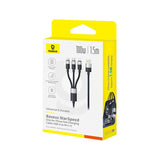 Cablu Baseus de date StarSpeed (P10319900211-00), Incarcare rapida, USB to Micro-USB, Type-C, Lightning, 100W, 1.5m, alb