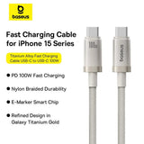 Cablu Baseus de date Titanium (P10378100G21-00), Type-C, Incarcare rapida, PD100W, 480Mbps, E-Mark Chip, 1m, auriu