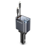 Incarcator auto Techsuit Premium NanoVoltX (C1), cu Retractabil USB-C, Lightning Cables, USB 2.4A, PD30W, 69W, 180°, gri