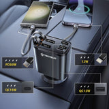 Incarcator auto Techsuit Premium NanoVoltX (C1), cu Retractabil USB-C, Lightning Cables, USB 2.4A, PD30W, 69W, 180°, gri