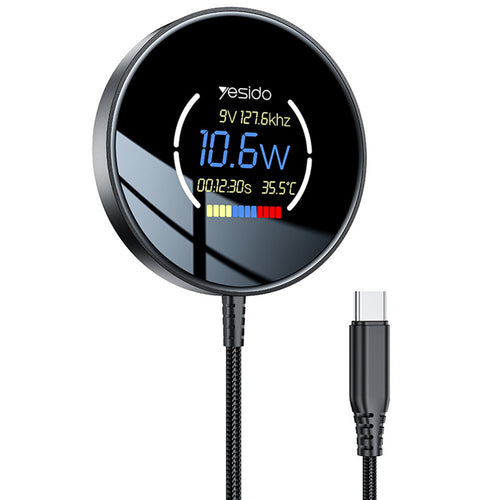 Incarcator wireless Yesido Magnetic Incarcator wireless (DS28), Prindere magnetica, Afisaj digital, Incarcare rapida, 15W, Type-C Cable, 1.2m, negru
