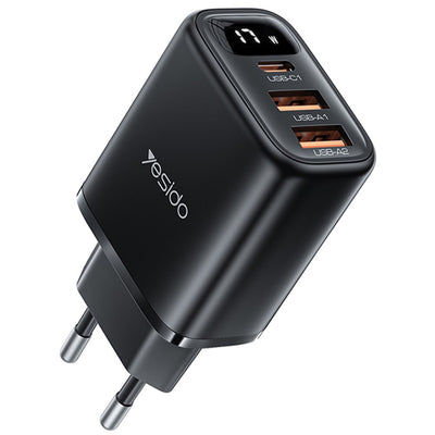Incarcator retea Yesido (YC67), cu Afisaj digital, Incarcare rapida, pentru Phone, Tablet, 3in1, 2x USB, Type-C, 17W, negru