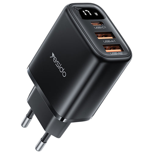 Incarcator retea Yesido (YC67), cu Afisaj digital, Incarcare rapida, pentru Phone, Tablet, 3in1, 2x USB, Type-C, 17W, negru