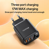 Incarcator retea Yesido (YC67), cu Afisaj digital, Incarcare rapida, pentru Phone, Tablet, 3in1, 2x USB, Type-C, 17W, negru