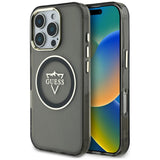 Husa pentru iPhone 16 Pro Max, Guess IML Metal Mountain Logo MagSafe (GUHMP16XHFGTMSLSK), negru