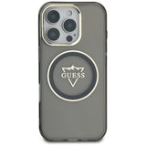 Husa pentru iPhone 16 Pro Max, Guess IML Metal Mountain Logo MagSafe (GUHMP16XHFGTMSLSK), negru