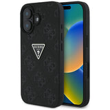 Husa pentru iPhone 16, Guess Leather Hot Stamp 4G Pattern Triangle Metal Logo (GUHCP16SPGP4STRK), negru