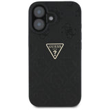 Husa pentru iPhone 16, Guess Leather Hot Stamp 4G Pattern Triangle Metal Logo (GUHCP16SPGP4STRK), negru