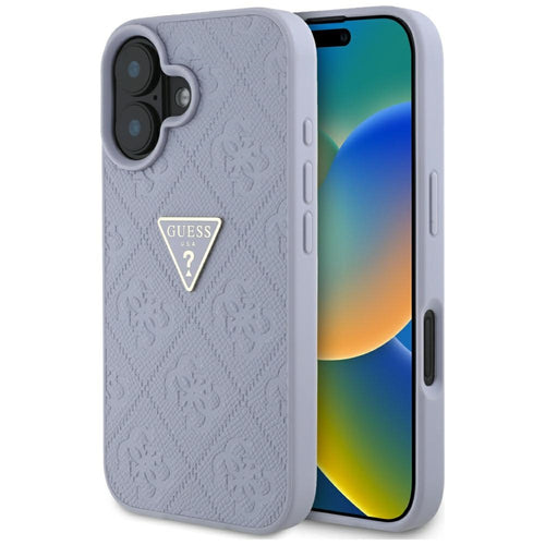 Husa pentru iPhone 16, Guess Leather Hot Stamp 4G Pattern Triangle Metal Logo (GUHCP16SPGP4STRU), mov