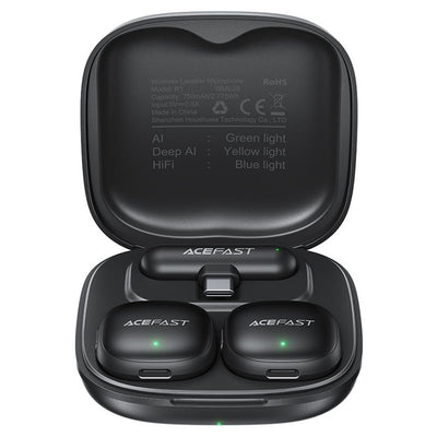 Microfon Acefast Microfoane lavaliera wireless (R1), Type-C, 360° Pickup Range, Reducere zgomot, 750mAh, Ultra-low Latency, negru