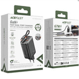 Incarcator retea Acefast (A111), cu Retractabil Cable, Incarcare rapida, GaN, 2x Type-C, USB, 67W, 3A, 65cm, negru