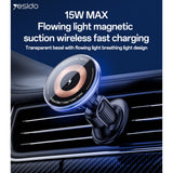 Suport auto Yesido cu Incarcare Wireless (C308), pentru Grila ventilatie, Flowing Lumina, Multi Pliabil Clema Brat, Type-C, 15W, negru